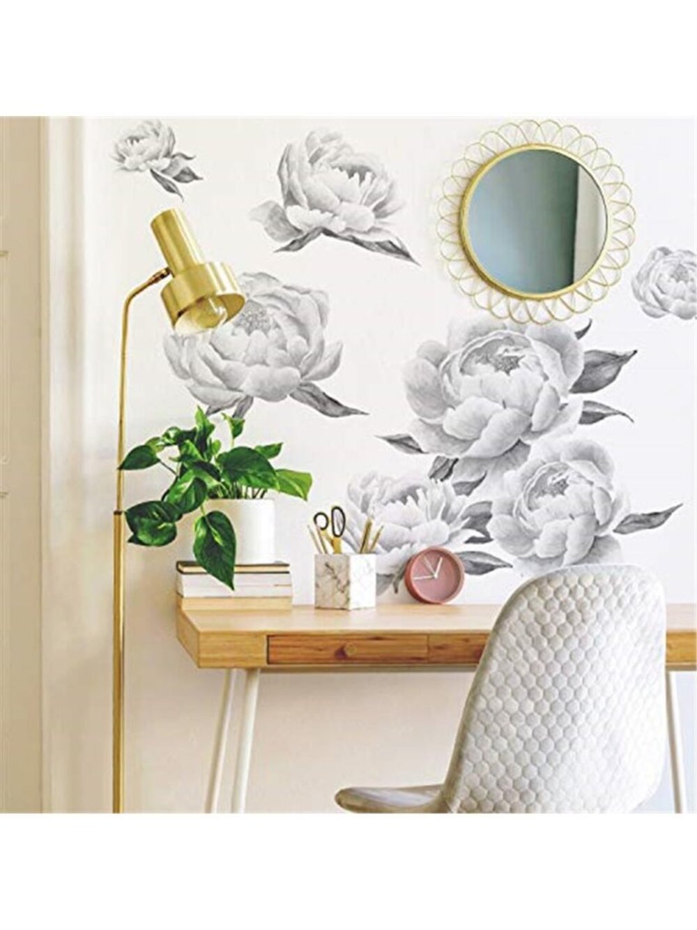 Floral Wall Decals Peel Stick Black White Peonies Removable Vinyl Decor
